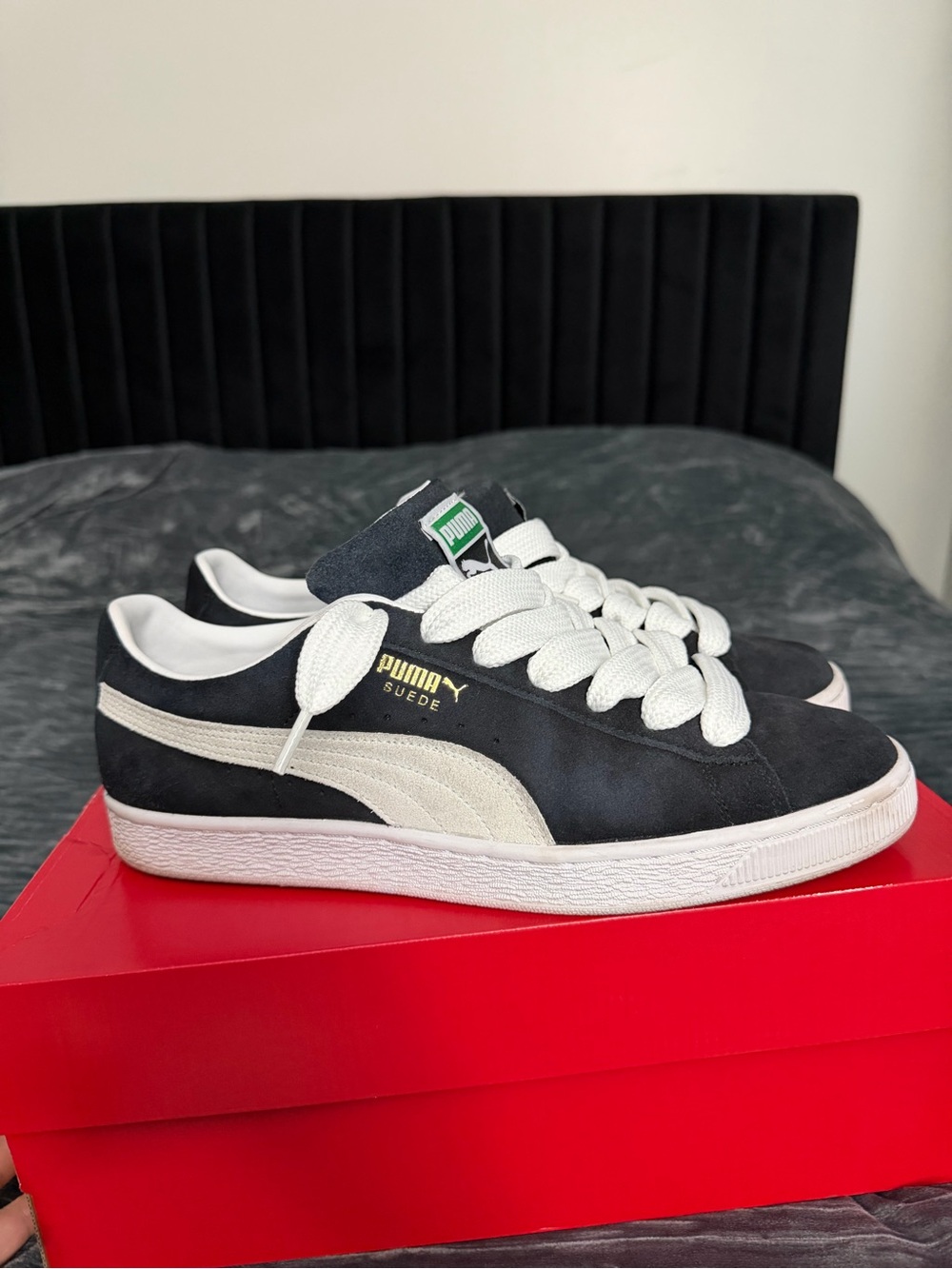 Puma Suede Sneakers in Black and White with Gold Logo